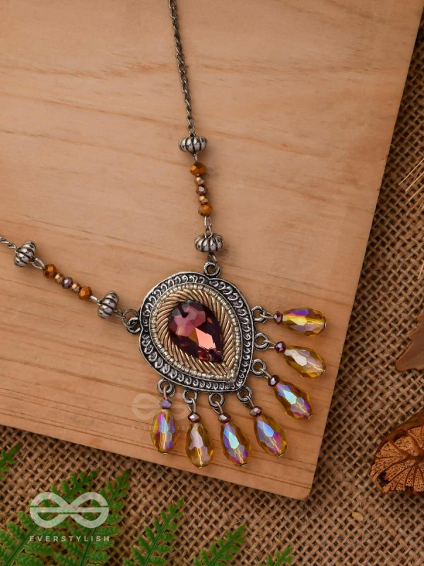 Peshana- The Gorgeous Trinket- Stone and Glass Beads Embroidered Necklace (Rust Orange) 