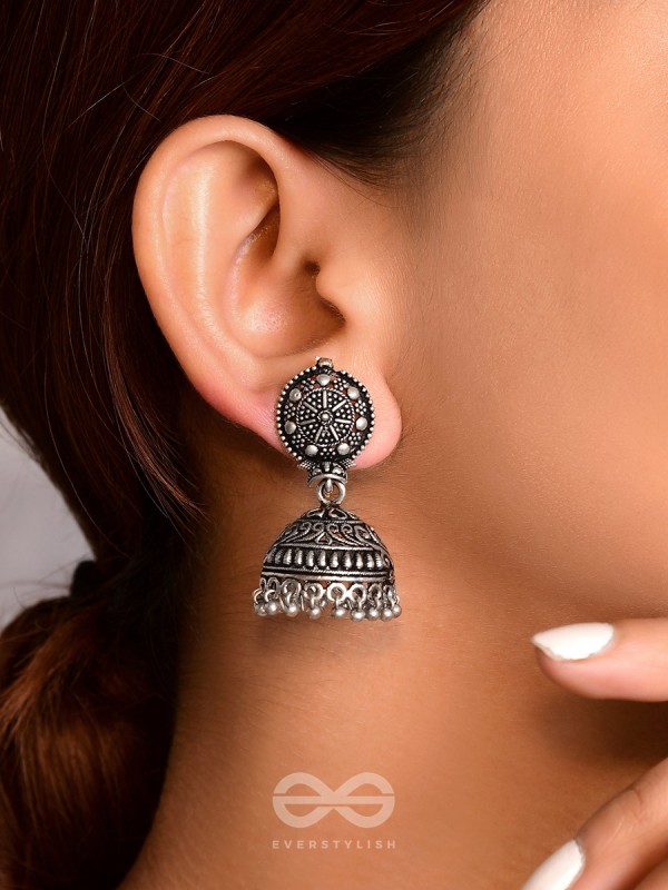 The Silver Sun- Oxidised Jhumka Earrings