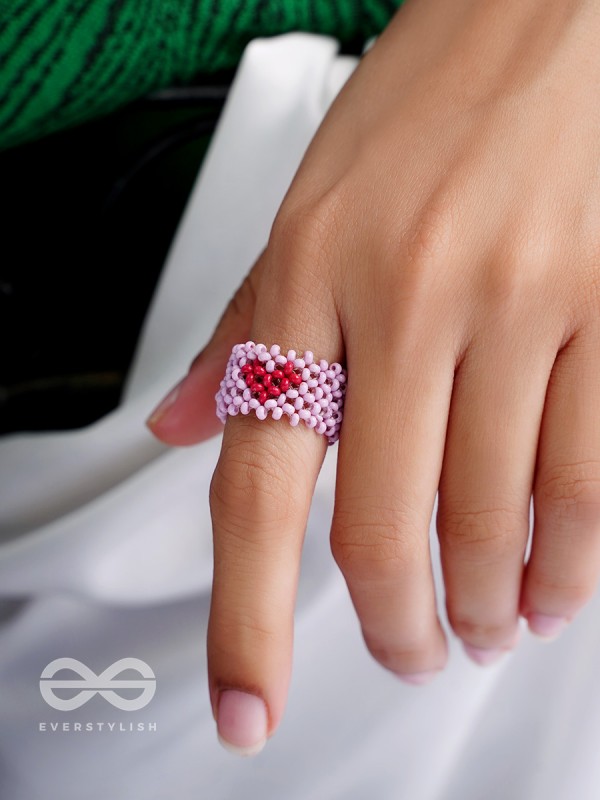 The Crimson Heart- Stretchable Lavender Beaded Ring