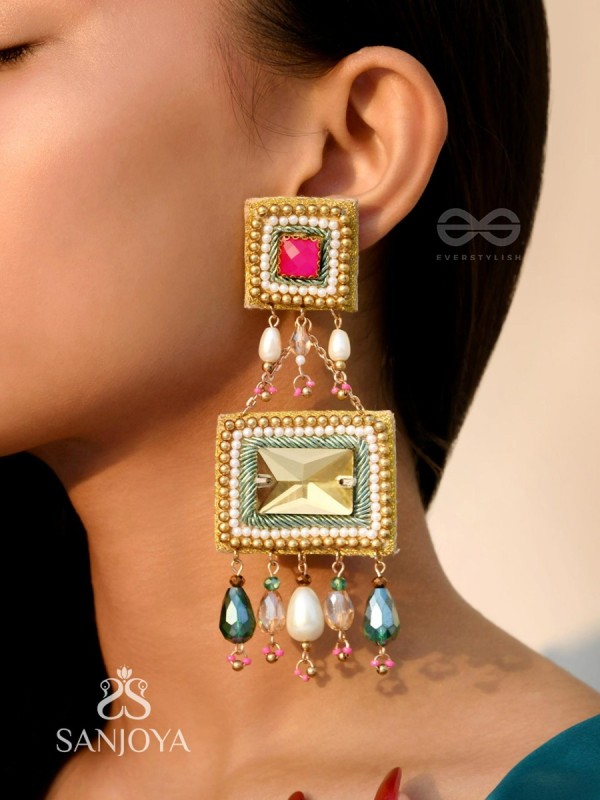 Pushkarini- The Geometric Wonder- Stones and Pearl Drops Embroidered Earrings