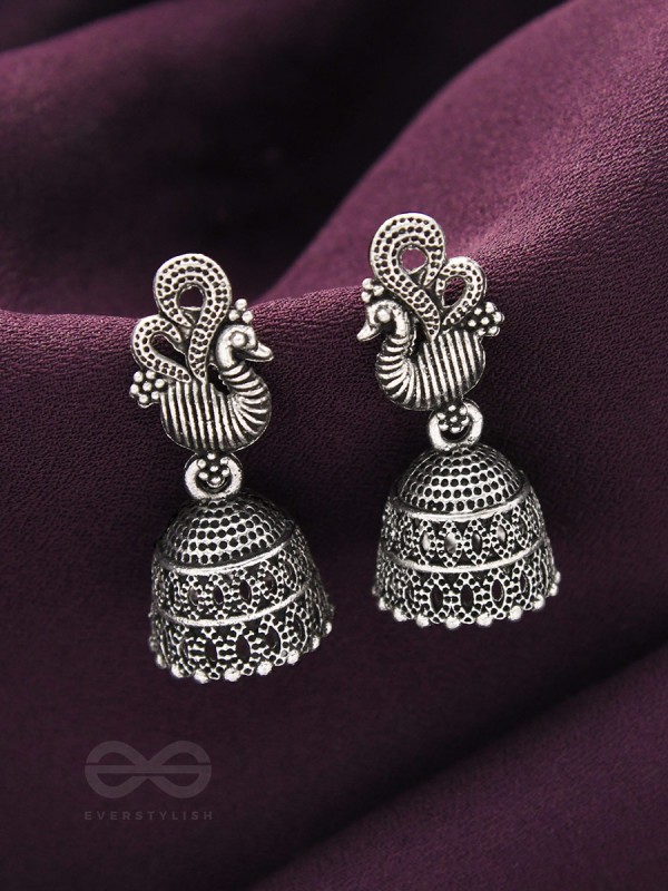The Prink Peacock- Oxidised Jhumka Earrings