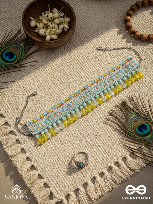 Kelih - Garden Of Sky - Resham, Cutdana And Glass Drops Hand Embroidered Choker Neckpiece