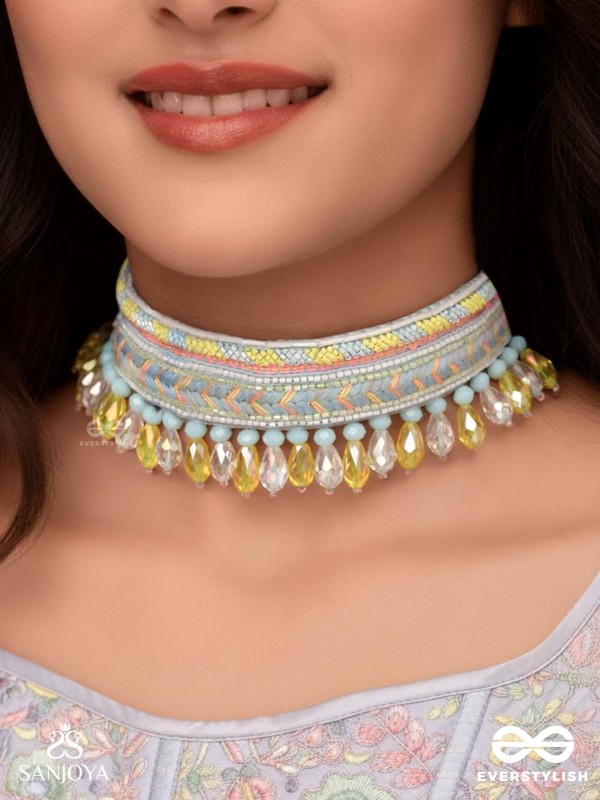 Kelih - Garden Of Sky - Resham, Cutdana And Glass Drops Hand Embroidered Choker Neckpiece