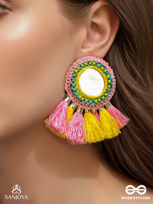 Aatapa - The Warm Sunrays - Mirror, Resham And Sequins Hand Embroidered Earrings