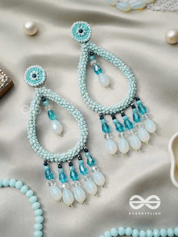 Ashvasya - The Boundless Beauty -  Beads And Glass Drops Hand Embroidered Earrings (Cyan Blue)