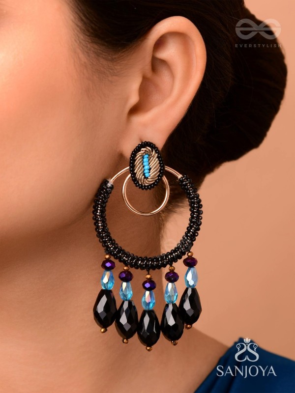 Abhineela - The Mysterious Night -  Beads And Glass Drops Hand Embroidered Earrings