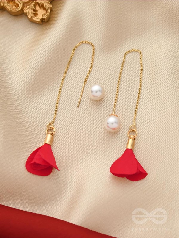 HANGING IN BALANCE PEARL AND FLOWERS NEEDLE EARRINGS- RED