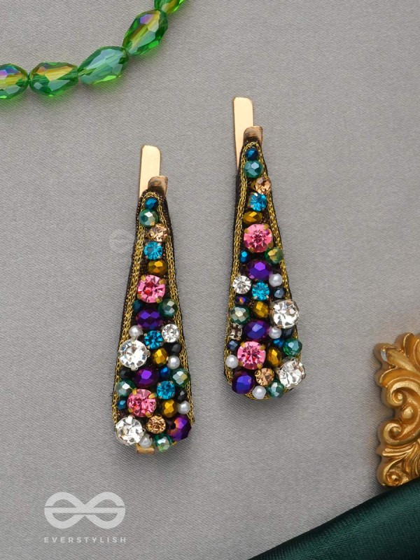 Vasnya- Exquisitely Precious- Stones, Glass Beads and Zari Embroidered Hair Clips