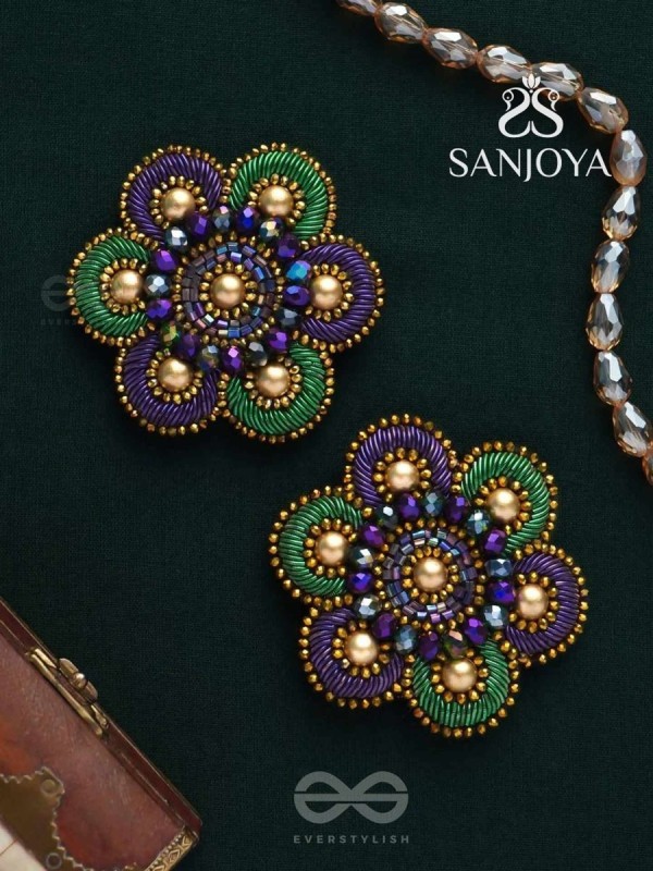 Kuvalaya - The Alluring Waterlily - Dabka, Beads And Cutdana Hand Embroidered Stud Earrings