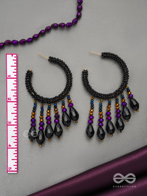 Tamisra- The Melting Night- Glass Drops and Beads Embroidered Hoop Earrings