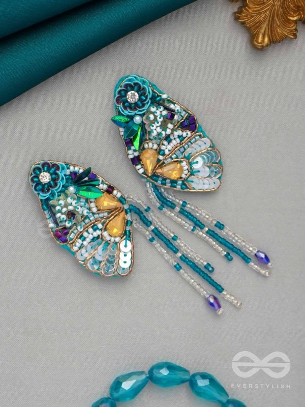 Chelashka- The Magnificent Moth- Stones, Sequins and Beads Embroidered Statement Earrings
