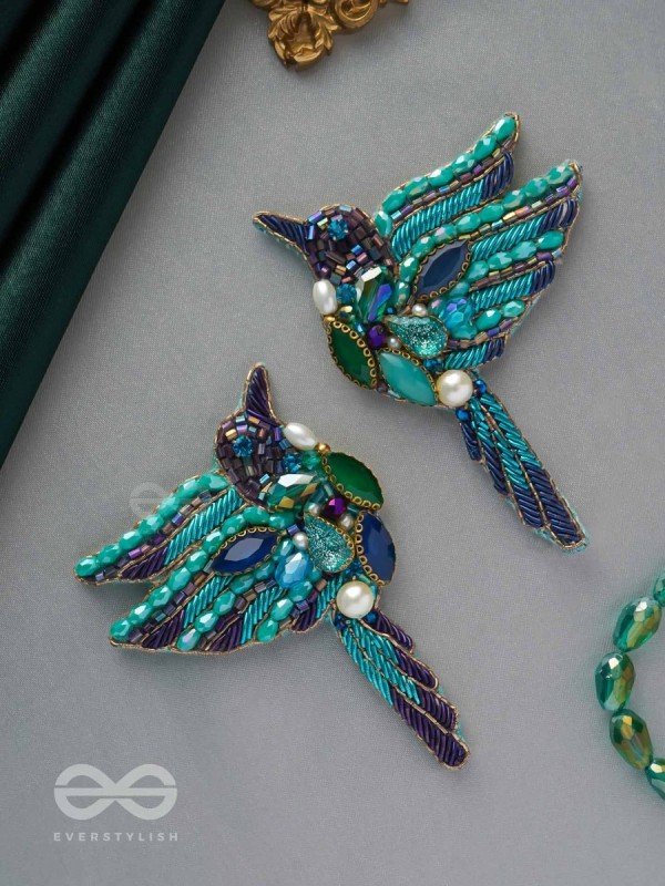 Abhraga - The Beautiful Bird - Stones, Dabka And Beads Hand Embroidered Statement Earrings