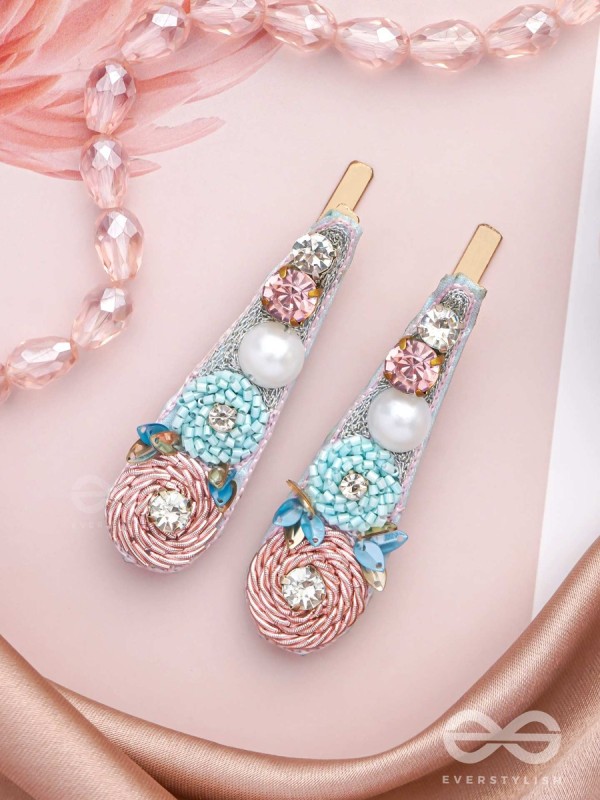 Kelivana - The Pleasant Garden - Stones, Dabka, Pearls And Sequins Hand Embroidered Hair Clips
