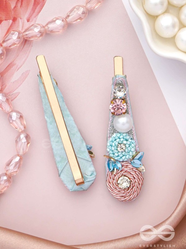 Kelivana - The Pleasant Garden - Stones, Dabka, Pearls And Sequins Hand Embroidered Hair Clips
