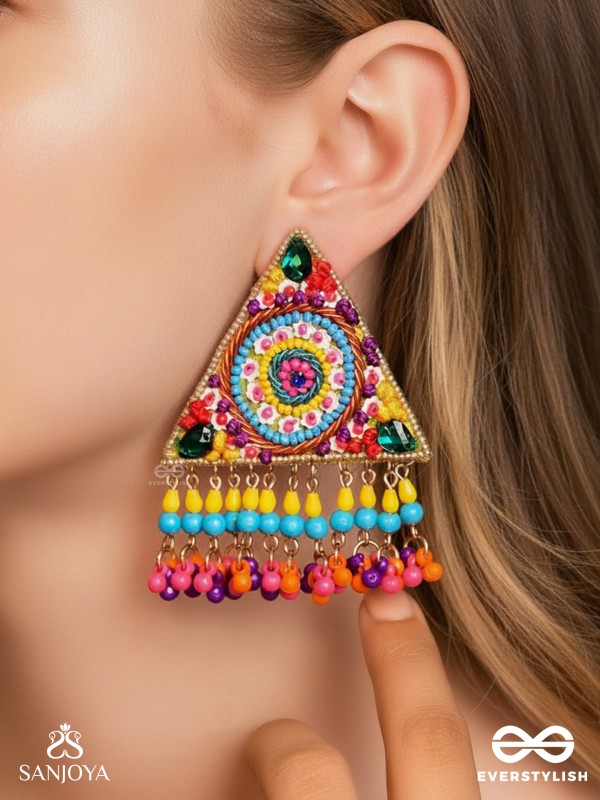 Tryashra - The Vibrant Triangle - Stones, Sequins And Resham Hand Embroidered Earrings