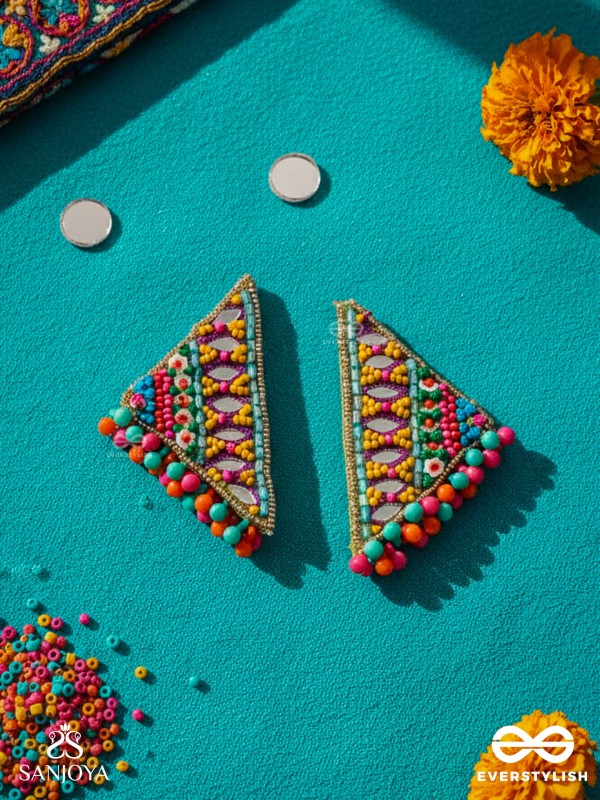 Shikharin - The Gorgeous Pyramid - Mirrors, Beads And Resham Hand Embroidered Stud Earrings