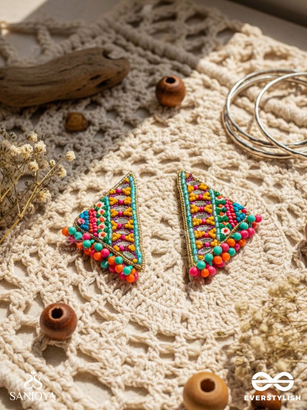 Shikharin - The Gorgeous Pyramid - Mirrors, Beads And Resham Hand Embroidered Stud Earrings
