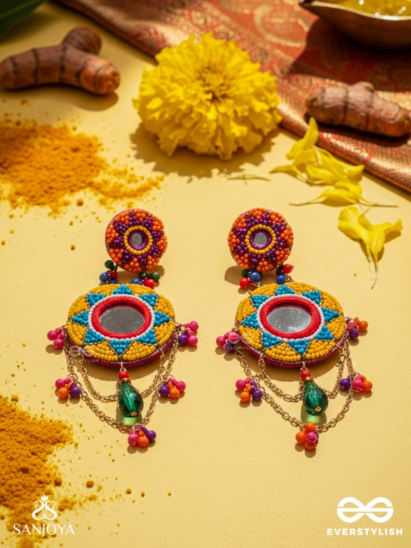 Rashmivat - The Golden Sun - Mirrors, Resham And Beads Hand Embroidered Earrings