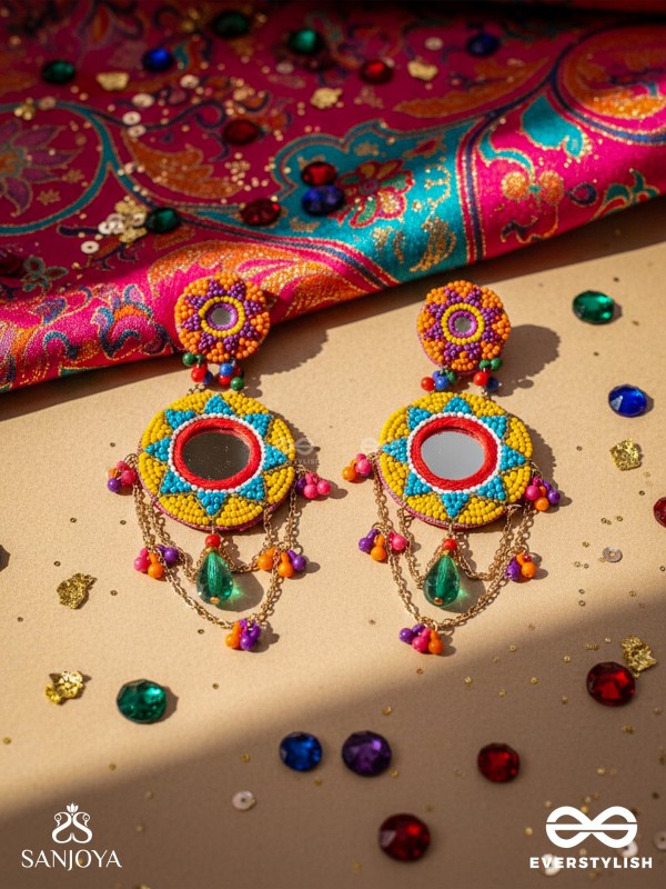 Rashmivat - The Golden Sun - Mirrors, Resham And Beads Hand Embroidered Earrings