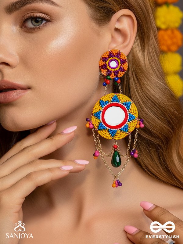 Rashmivat - The Golden Sun - Mirrors, Resham And Beads Hand Embroidered Earrings