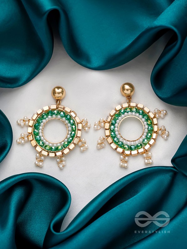 The Emerald Orbits- Golden Embellished  Earrings