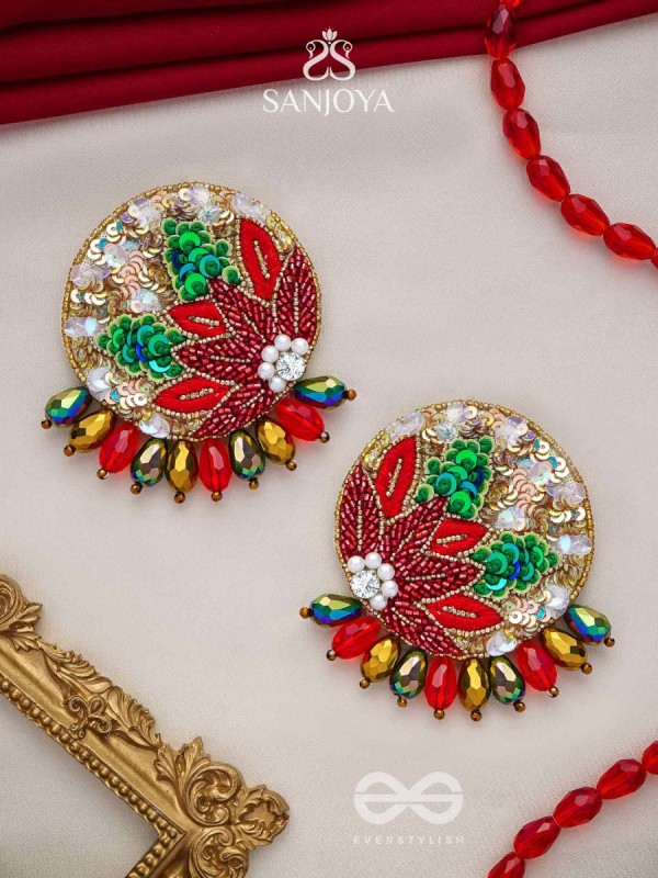 Surangi - The Red Flower Tree - Resham, Cutdana And Sequins Hand Embroidered Earrings
