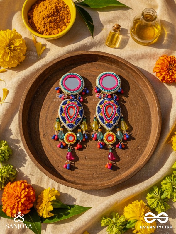 Odyaman - The Vibrant Rainfall - Beads, Resham And Mirrors Hand Embroidered Earrings