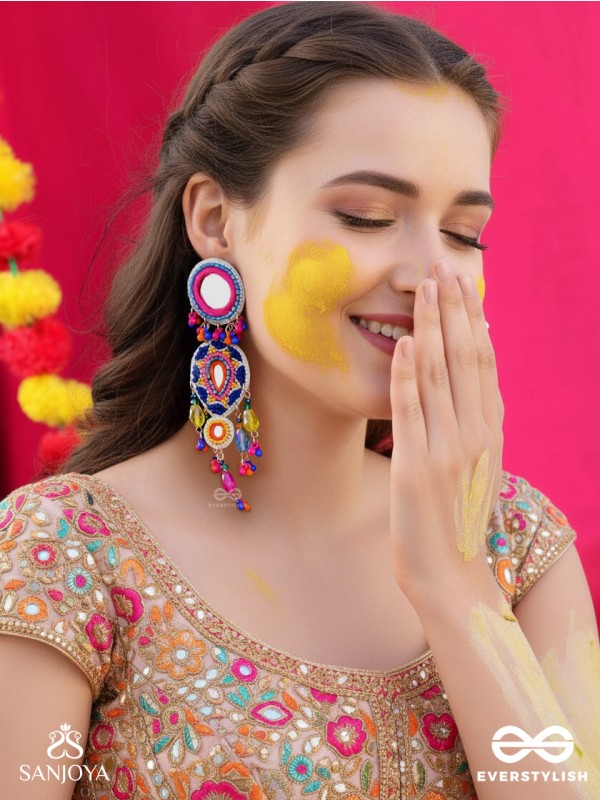 Odyaman - The Vibrant Rainfall - Beads, Resham And Mirrors Hand Embroidered Earrings