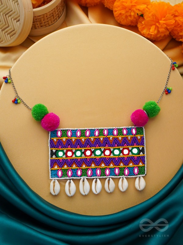 Aastarana - The Stunning Tapestry - Mirrors, Resham And Shells Hand Embroidered Statement Neckpiece