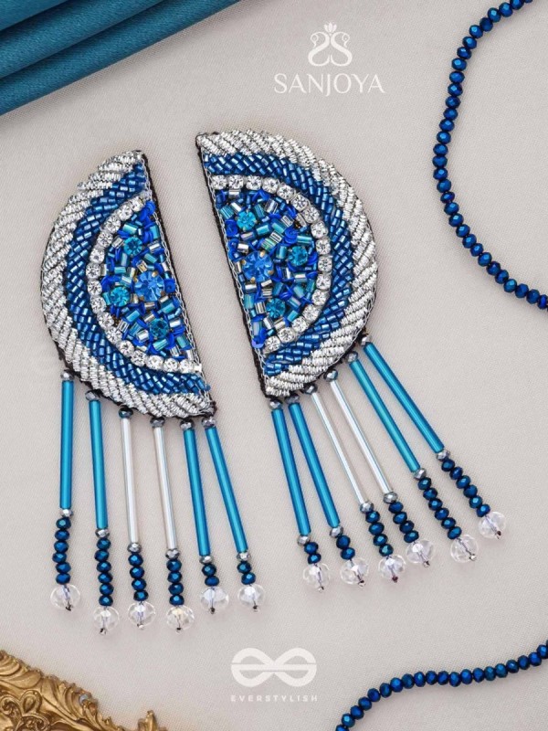 Maskarin - The Blue Moon - Stones, Beads And Cutdana Hand Embroidered Earrings