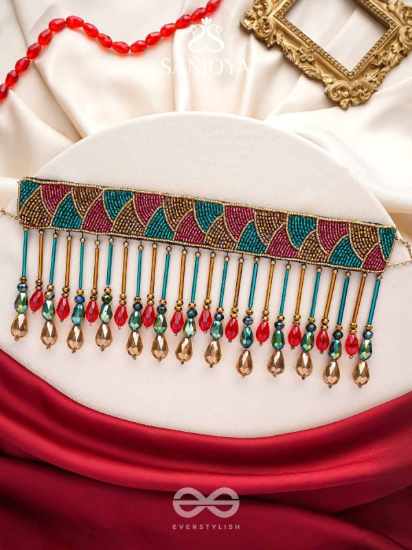 Vishti - The Colorful Rain - Cutdana, Beads And Glass Drops Hand Embroidered Choker Neckpiece