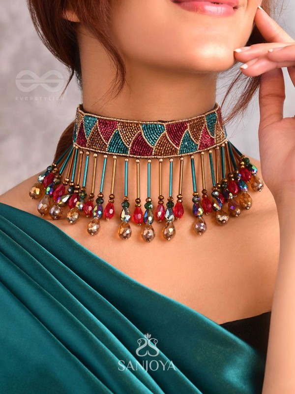 Vishti - The Colorful Rain - Cutdana, Beads And Glass Drops Hand Embroidered Choker Neckpiece