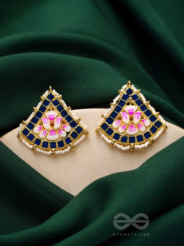 The Lotus Temple- Enamelled Statement Stud Earrings (Indigo Blue)

 