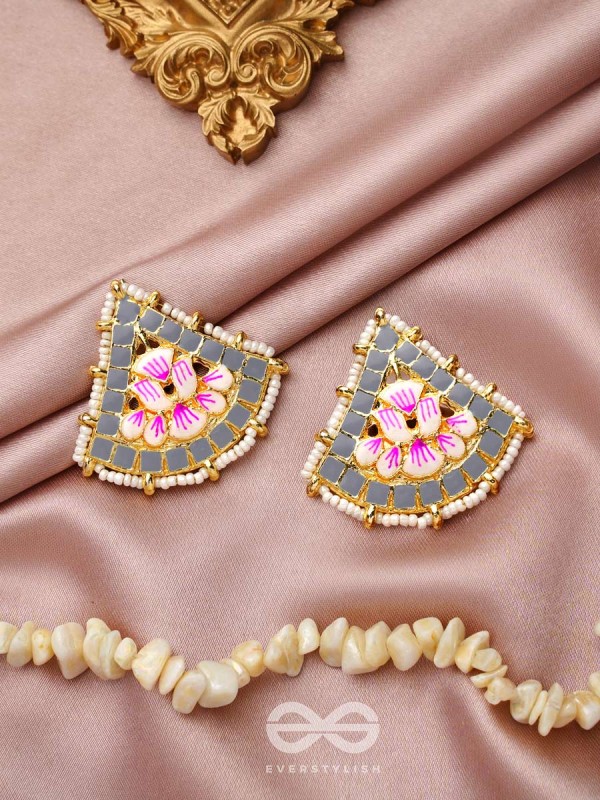 The Lotus Temple- Enamelled Statement Stud Earrings(Fossil Gray)