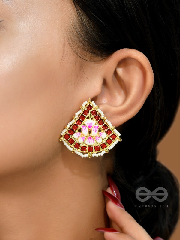 The Lotus Temple- Enamelled Statement Stud Earrings(Scarlet Red)