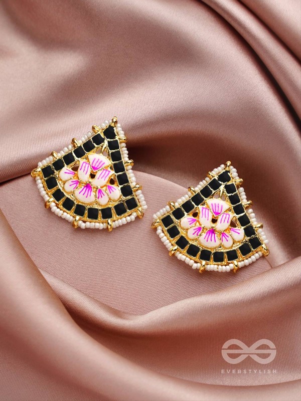 The Lotus Temple- Enamelled Statement Stud Earrings(Midnight Black)