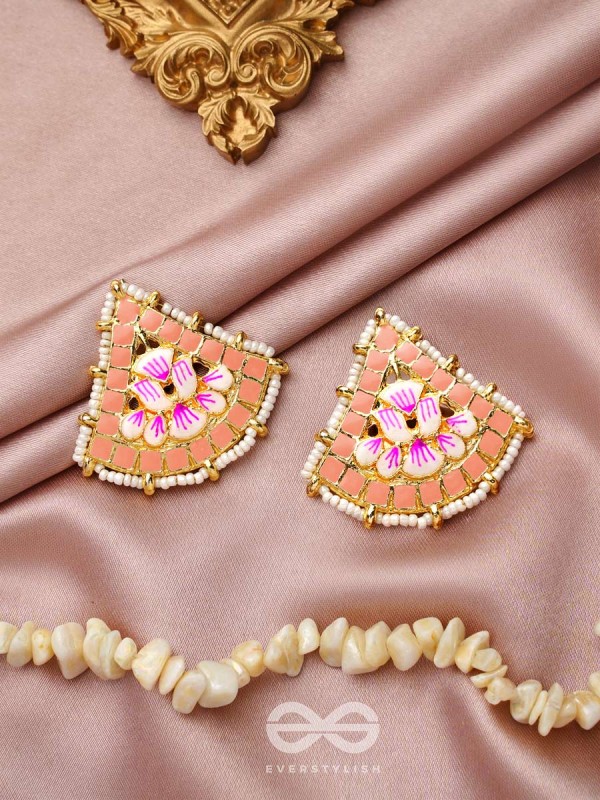 The Lotus Temple- Enamelled Statement Stud Earrings(Blush Pink)