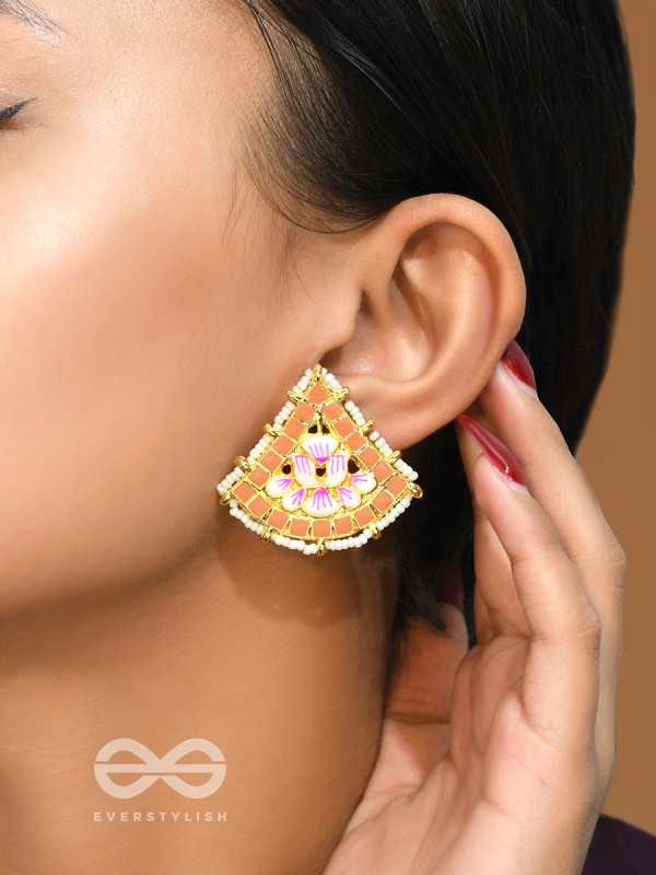 The Lotus Temple- Enamelled Statement Stud Earrings(Blush Pink)