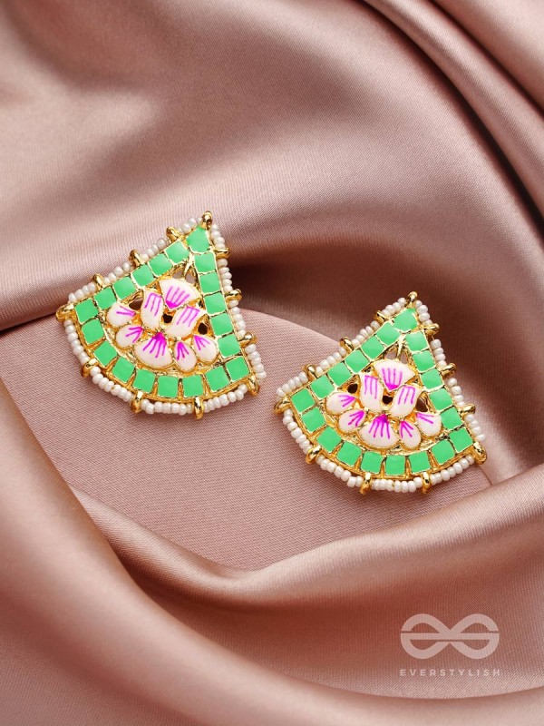 The Lotus Temple- Enamelled Statement Stud Earrings(Lime Green)