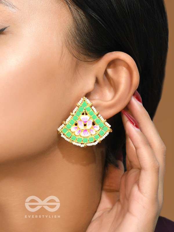 The Lotus Temple- Enamelled Statement Stud Earrings(Lime Green)