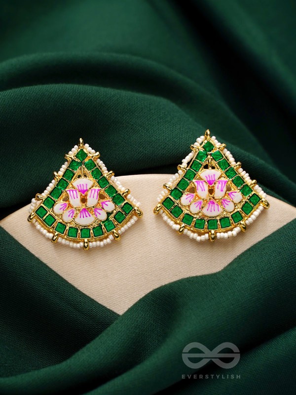 The Lotus Temple- Enamelled Statement Stud Earrings(Forest Green)