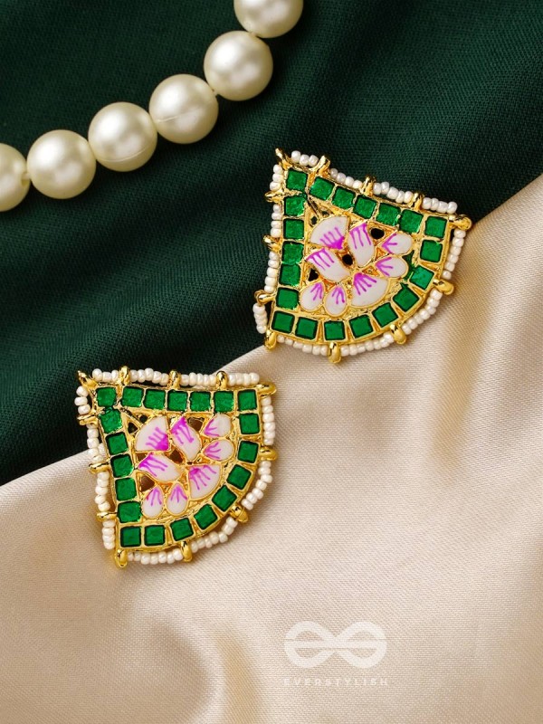 The Lotus Temple- Enamelled Statement Stud Earrings(Forest Green)