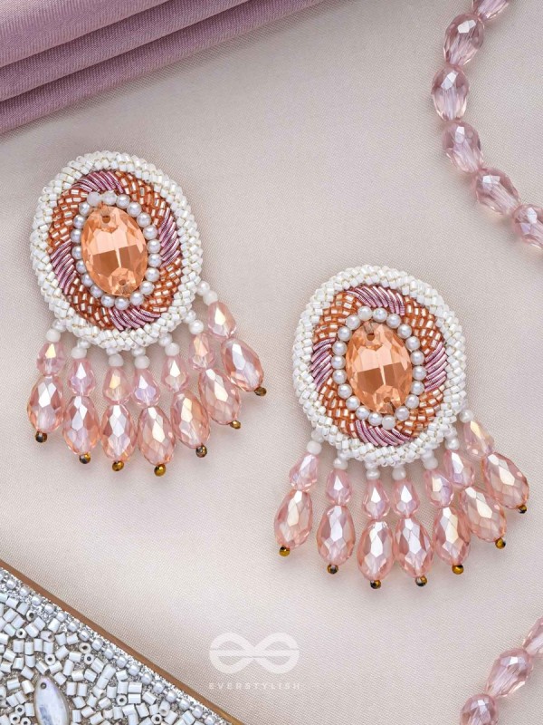Praatika - The Pink Rose - Stone, Cutdana And Glass Drops Hand Embroidered Earrings