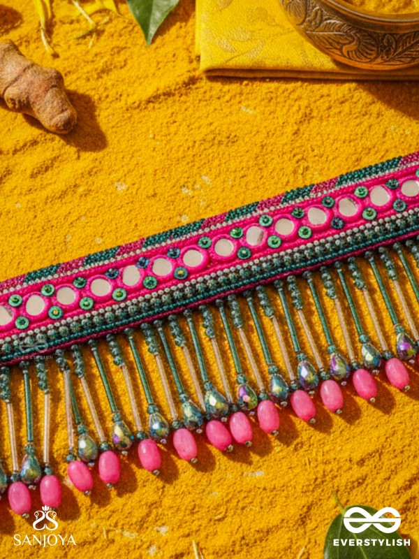 Srava- The Rose Cascade- Glass Beads & Mirror Lace Embroidered Choker Necklace