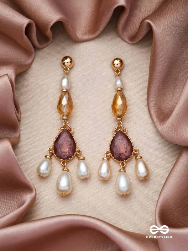 The Crystal Cascade- Golden Pearl Earrings