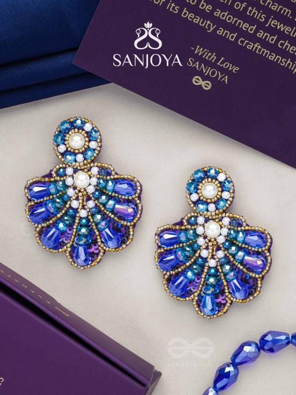 Vrikshagra- The Indigo Crown- Pearls, Beads & Sequins Embroidered Earrings