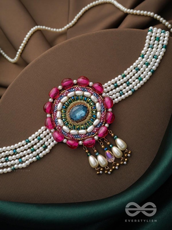 Praatika- The China Rose - Stone,  Beads And Pearl Drops Hand Embroidered Choker Neckpiece