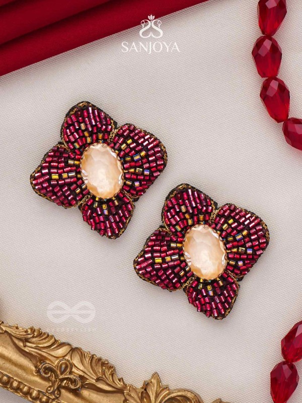 Raagana- The Crimson Bloom- Stones Embroidered Stud Earrings