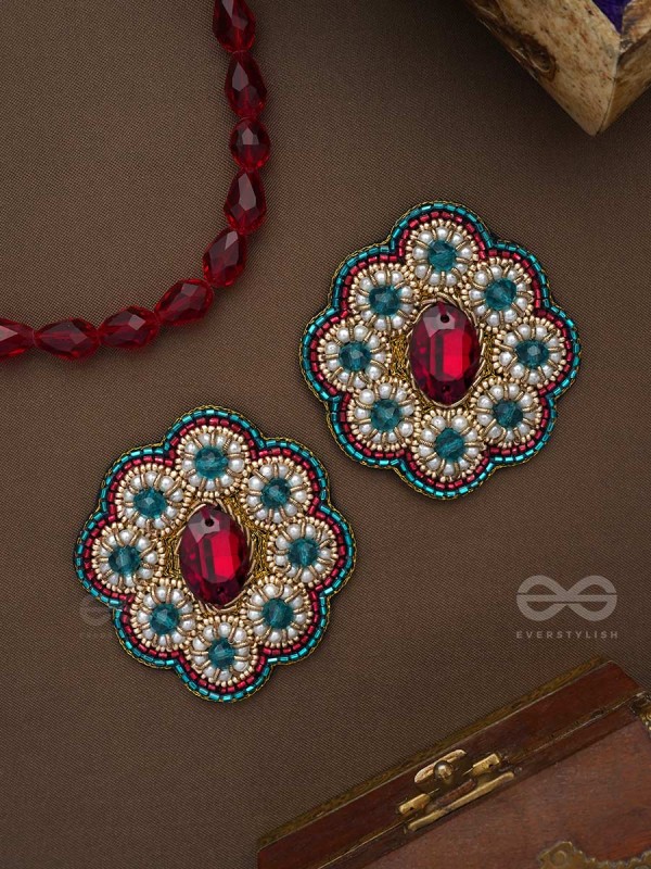 Stibhi - Treasures Of Ruby - Dabka, Stone And Beads Hand Embroidered Earrings