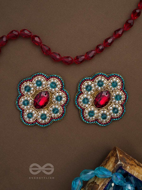 Stibhi - Treasures Of Ruby - Dabka, Stone And Beads Hand Embroidered Earrings